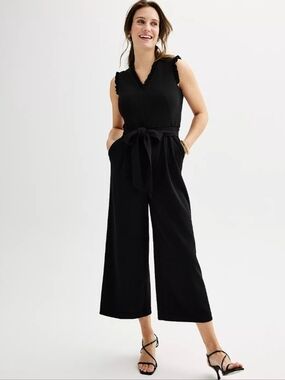 Andrew Marc Black Sleeveless Wide-Leg Jumpsuit with Tie Waist